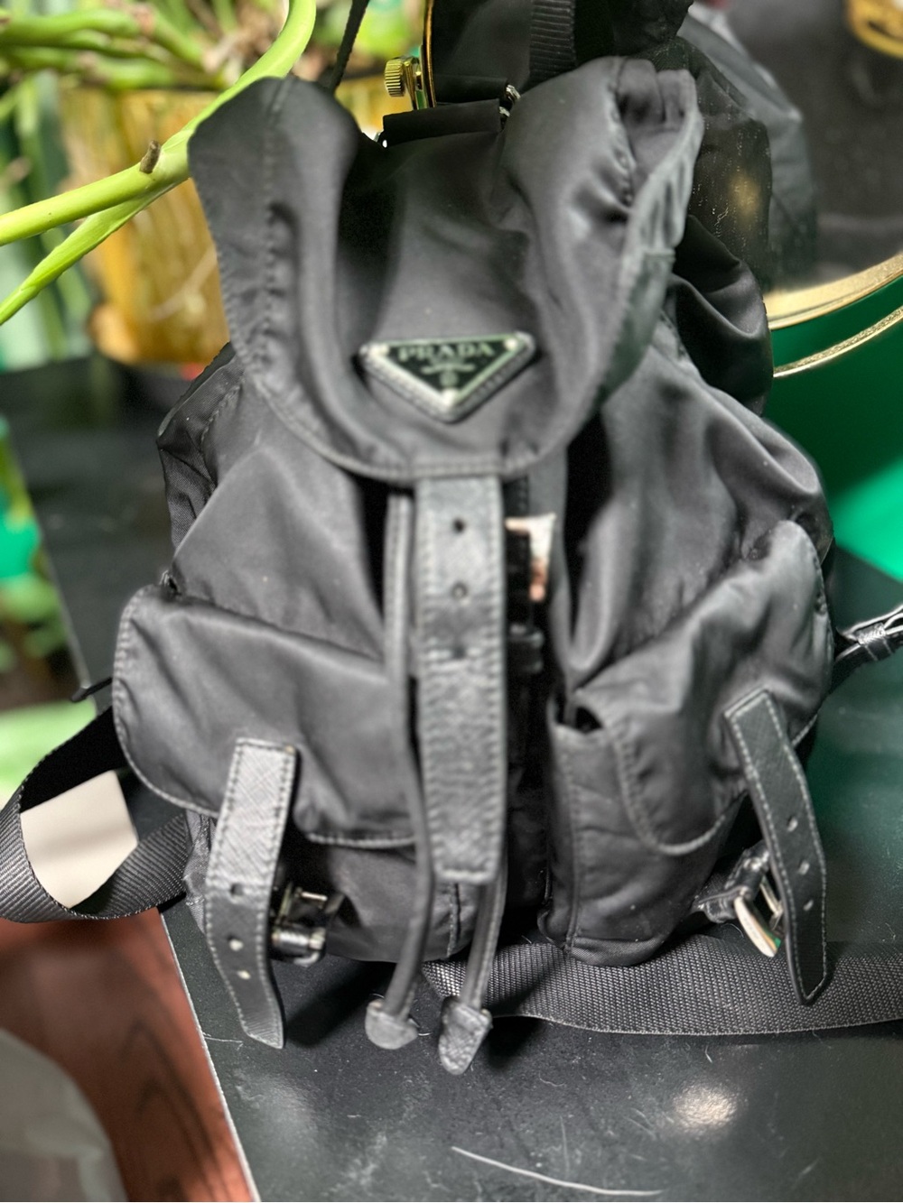 Prada Black Nylon Drawstring Leather-Trim Backpack silver hardware